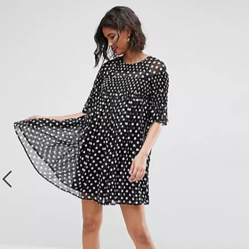 ASOS Spot Smock Mini Dress With Shirring Detail Size 10